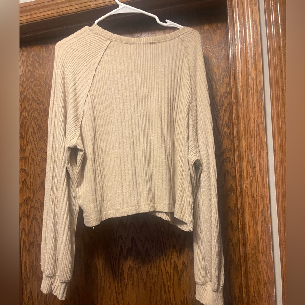 Double Zero Beige Ribbed Button-Up Blouse - Picture 2 of 2